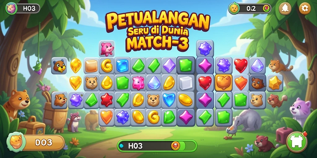 Screenshot H03 menampilkan gameplay Match-3 yang penuh warna dan menantang.