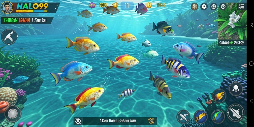 Screenshot menunjukkan aksi menembak ikan yang seru di HALO99.