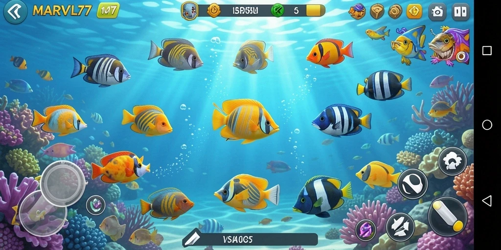 Tampilan gameplay menarik dari MARVRL77, menampilkan aksi tembak ikan yang seru.