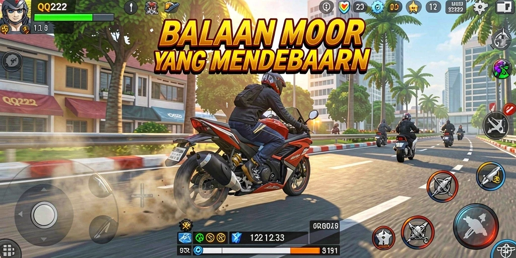 Screenshot utama QQ222 menampilkan aksi balapan motor yang seru.