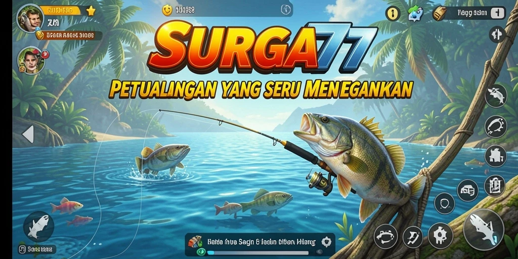 Gameplay seru dari SURGA77 saat menangkap ikan di danau indah.