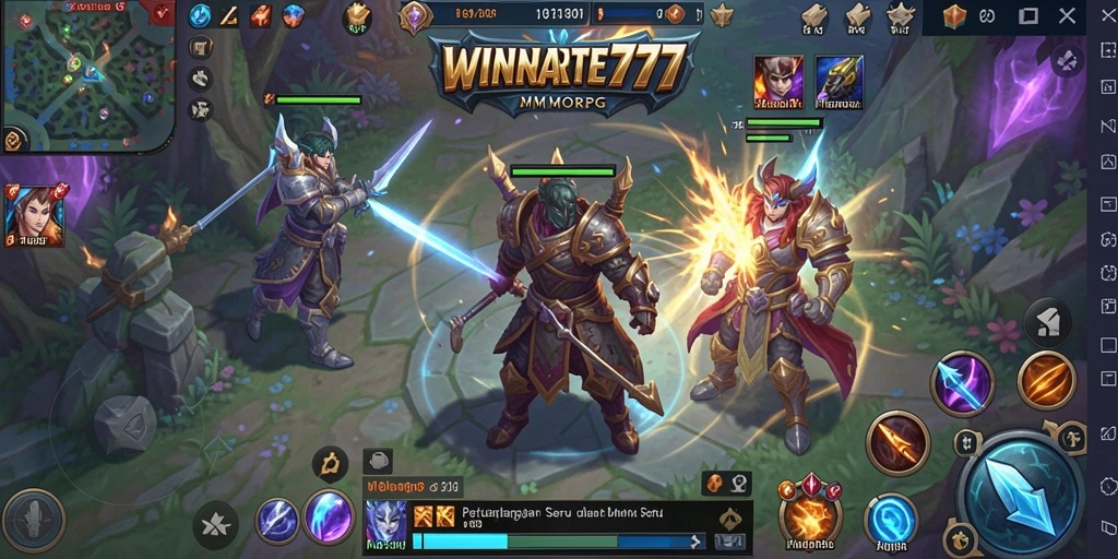 Tampilan gameplay seru di dunia fantasi WINRATE777 dengan karakter dan monster menawan.